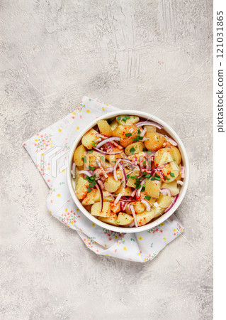 boiled potato salad with red onion, German cuisine, homemade, no people, boiled potato salad with red onion, German cuisine, homemade, no people, 121031865