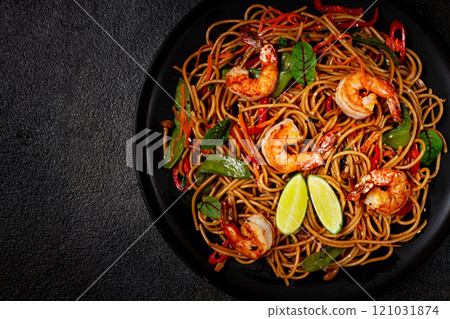 fried udon noodles with shrimp and vegetables, Asian cuisine, homemade, no people, 121031874