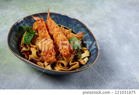 Udon noodles with shrimp in tempura, Japanese cuisine, homemade, no people, 121031875