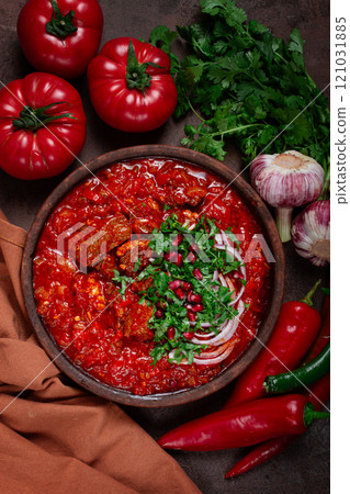 Chashushuli, a traditional Georgian dish, spicy, stewed meat with tomatoes and spices, homemade, no people, Chashushuli, a traditional Georgian dish, spicy, stewed meat with tomatoes and spices, homemade, no people, 121031885