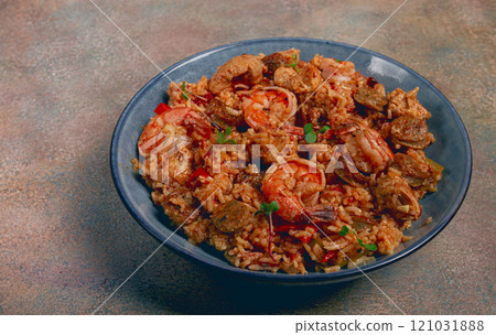 Jambalaya, Creole dish, American pilaf, rice with chicken and shrimp, vegetables, homemade, no people, Jambalaya, Creole dish, American pilaf, rice with chicken and shrimp, vegetables, homemade, no people, 121031888