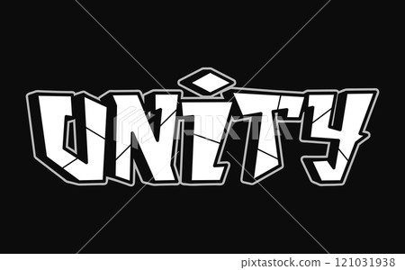 Unity - single word, letters graffiti style. Vector hand drawn logo. Funny cool trippy word Unity, fashion, graffiti style print t-shirt, poster concept 121031938