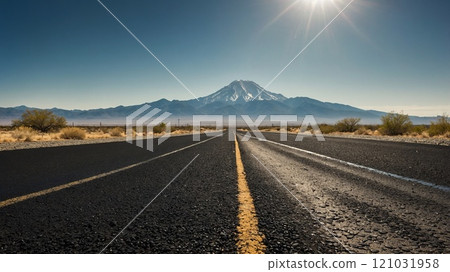 Road leading to a snowy mountain under a clear blue sky 121031958