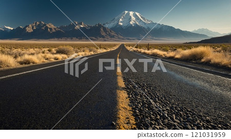 Road leading to a snowy mountain under a clear blue sky 121031959