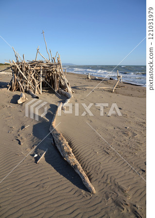 Washed up wood used to build wooden shelters against wind and sun on the beach near Marina di Grosseto, Tuscany, Italy Washed up wood used to build wooden shelters against wind and sun on the beach near Marina di Grosseto, Tuscany, Italy 121031979