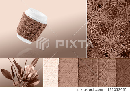 Presentation of trending color 2025 - Mocha Mousse in form of collage. Presentation of trending color 2025 - Mocha Mousse in form of collage. 121032061