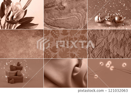 Presentation of trending color 2025 - Mocha Mousse in form of collage. Dandelions, leaf backgrounds, gifts, plants, knitwear, fabric textures and stone represent a sample of color Presentation of trending color 2025 - Mocha Mousse in form of collage. Dandelions, leaf backgrounds, gifts, plants, knitwear, fabric textures and stone represent a sample of color 121032063