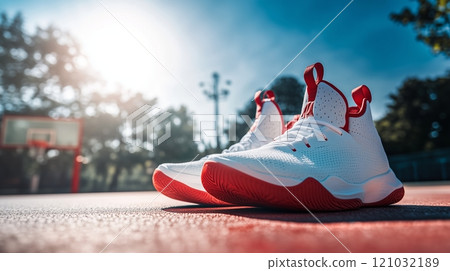 White and red basketball shoes on the ground, with an outdoor basketball hoop in the background. 121032189