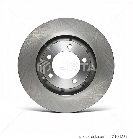 Drilled and slotted brake rotor on a white background 121032233