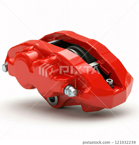 Red brake caliper on a white background 121032239