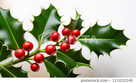 A close-up of a holly branch with vibrant red berries and glossy green leaves against a white background A close-up of a holly branch with vibrant red berries and glossy green leaves against a white background 121032240