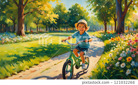 A child rides a green bicycle along a sunlit path in a vibrant park filled with colorful flowers and tall trees, capturing a serene and joyful moment 121032268