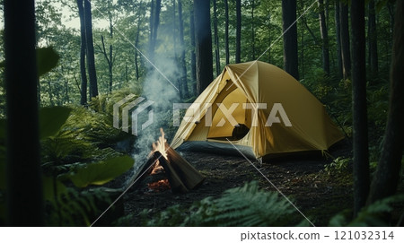 A yellow tent set up in the forest, surrounded by tall trees and lush foliage. 121032314