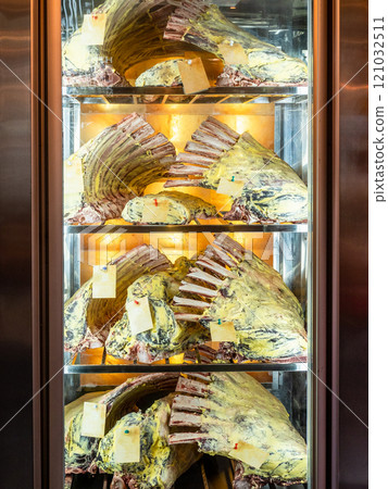 many beef ribs in meat drying ager many beef ribs in meat drying ager 121032511