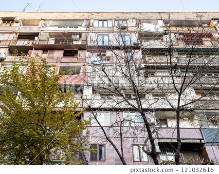 bottom view of multi-story residential house 121032616