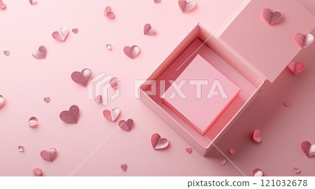 An open pink box and metallic pink and silver hearts are all around it with pink background. 121032678