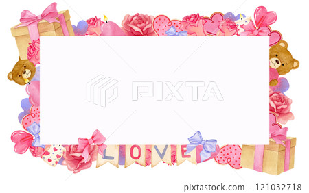 Watercolor rectangle frame of gifts, roses, heart-shaped candy and teddy bear with pink heart. Watercolor rectangle frame of gifts, roses, heart-shaped candy and teddy bear with pink heart. 121032718