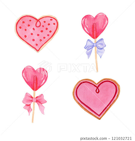 Watercolor set of heart-shaped cookies and lollipops with pink and violet bows Watercolor set of heart-shaped cookies and lollipops with pink and violet bows 121032721