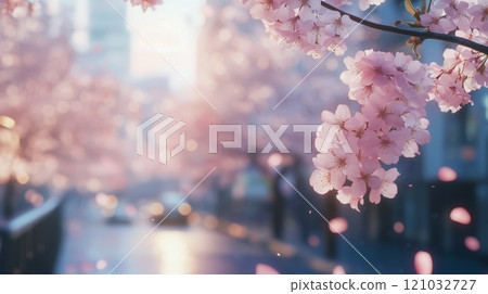 An avenue of Japanese cherry trees in pink and white blossom, in the blurred background. 121032727