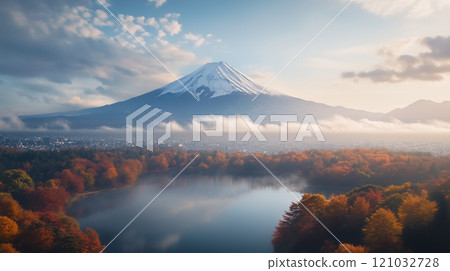 A Mount Fuji in Japan, with red leaves and clouds in the sky, and a lake in the foreground. 121032728