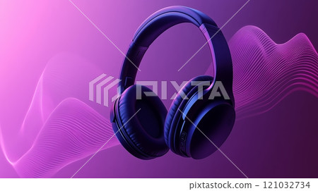 A premium pair of headphones floating in air with light abstract sound waves. 121032734