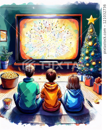 Three children sit on the floor watching a colorful explosion on a large TV, with a Christmas tree and presents nearby, creating a festive atmosphere 121032736