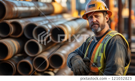 A construction worker actively interacting with steel pipes. 121032823