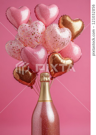 Champagne bottle with sparkling pink and gold heart shaped balloons 121032856