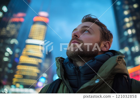 Man looking upwards, illuminated by neon city lights at night 121032858