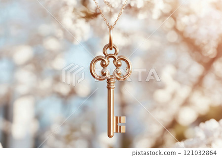 Elegant key hanging amidst soft floral decor and natural light 121032864