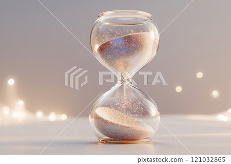 Hourglass filled with shimmering, glitter sand on a soft background 121032865