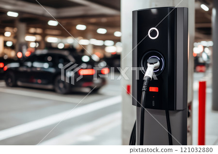 EV charging port with glowing lights. Sustainable urban transportation EV charging port with glowing lights. Sustainable urban transportation 121032880