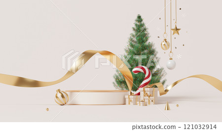 3D render, Merry Christmas background with display podium for showing product, tree, golden ribbon and festive ornaments. 121032914