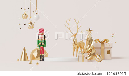 3D render, Merry Christmas and happy new year background with podium display platform, golden ornaments, nutcracker, reindeer, and gifts 121032915
