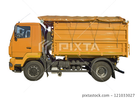 Dump track isolated. Yellow construction truck on empty background. Heavy construction equipment 121033027