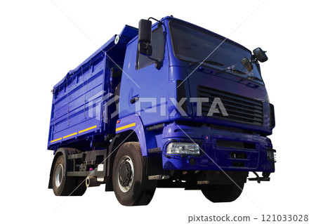 Dump track isolated. Blue construction truck on empty background. Heavy construction equipment 121033028