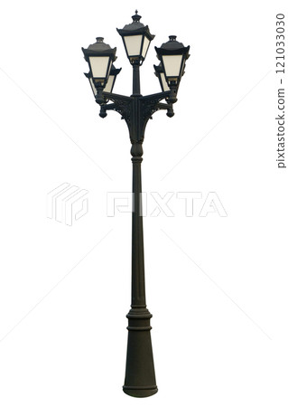 Street lamp isolated. Vintage classic streetlight on empty white background 121033030