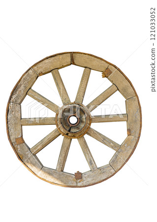Old wooden wheel isolate. Old wooden cart wheel on empty background isolate Old wooden wheel isolate. Old wooden cart wheel on empty background isolate 121033052