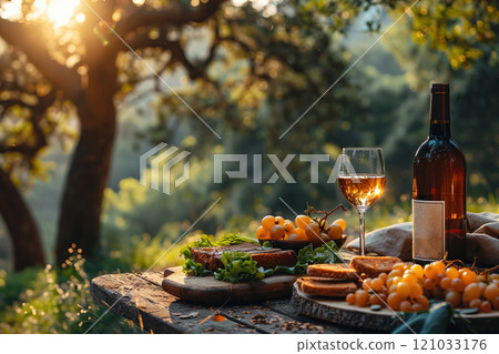Blanket on a romantic picnic with a bottle of wine, a basket of fresh fruits at sunset. 121033176
