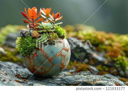 Miniature planet adorned with lush vegetation and vibrant bushes set against natural stone backdrop 121033177