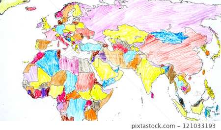Color drawing world map with colored pencils for children and kids. 121033193
