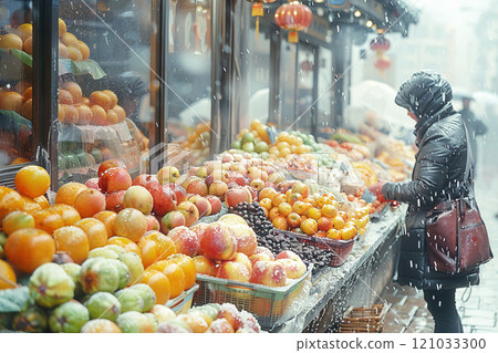 European market stall with tropical fruits fresh colorful produce. A cheerful emigrant trader. 121033300