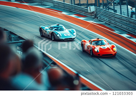 A racing car drives fast on a track in a competition. Extreme speed sport. 121033303
