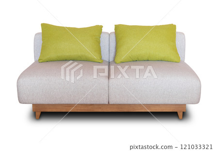 fabric sofa is a modern stylish with green backrest pillow, featuring a beautiful wood base that complements the simple design with stylish upholstery. 121033321