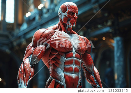 Detailed human muscle structure in full growth displayed in a realistic anatomical space setting 121033345