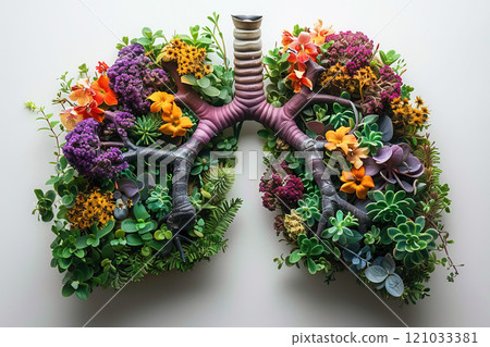 Lungs turned into vibrant plants with flowers on a white background for health 121033381