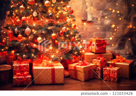Christmas festive holiday, new year tree in family room decorated with gifts with ribbons. 121033426