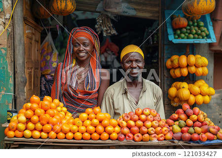 African stall with exotic tropical fresh fruits, sellers Africans smiling friendly. 121033427