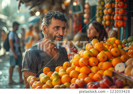 European market stall with tropical fruits fresh colorful produce. A cheerful emigrant trader. 121033428