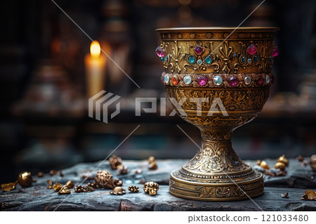 Holy Grail, metal bronze gold cup inlaid with precious stones. Religious Christian relic. Holy Grail, metal bronze gold cup inlaid with precious stones. Religious Christian relic. 121033480